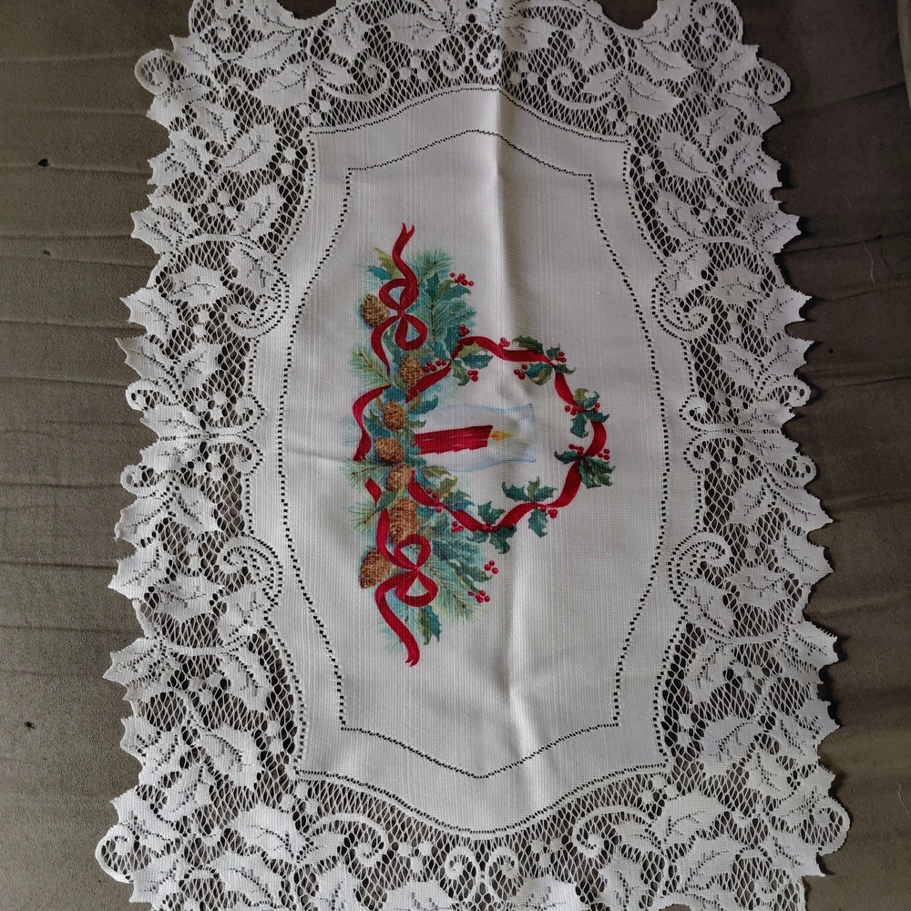 White Lace Holiday Table Doiley with Candle Wreath Design